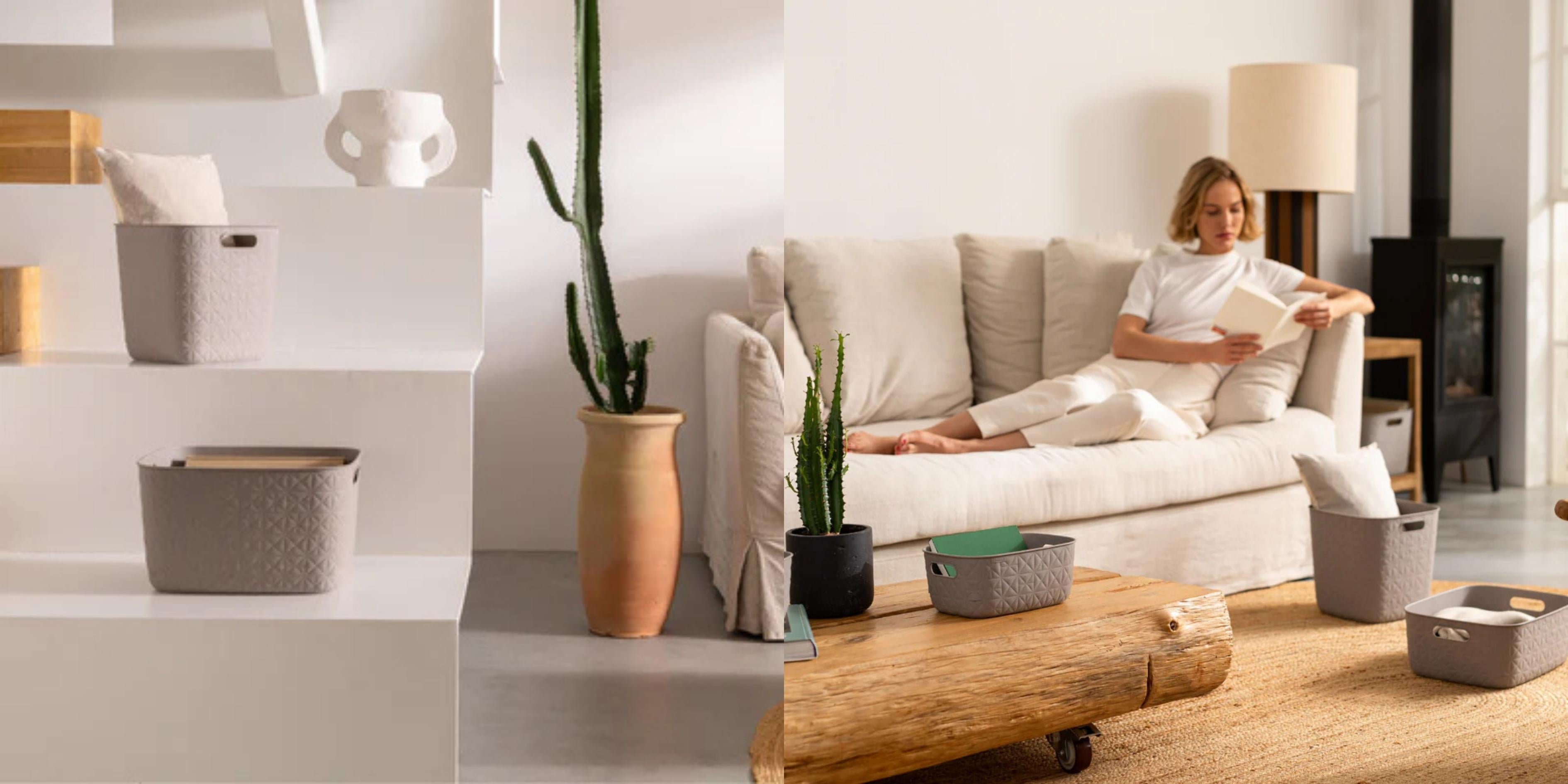 Plastic containers used for living room storage, keeping everyday items neatly organised in a stylish home setting