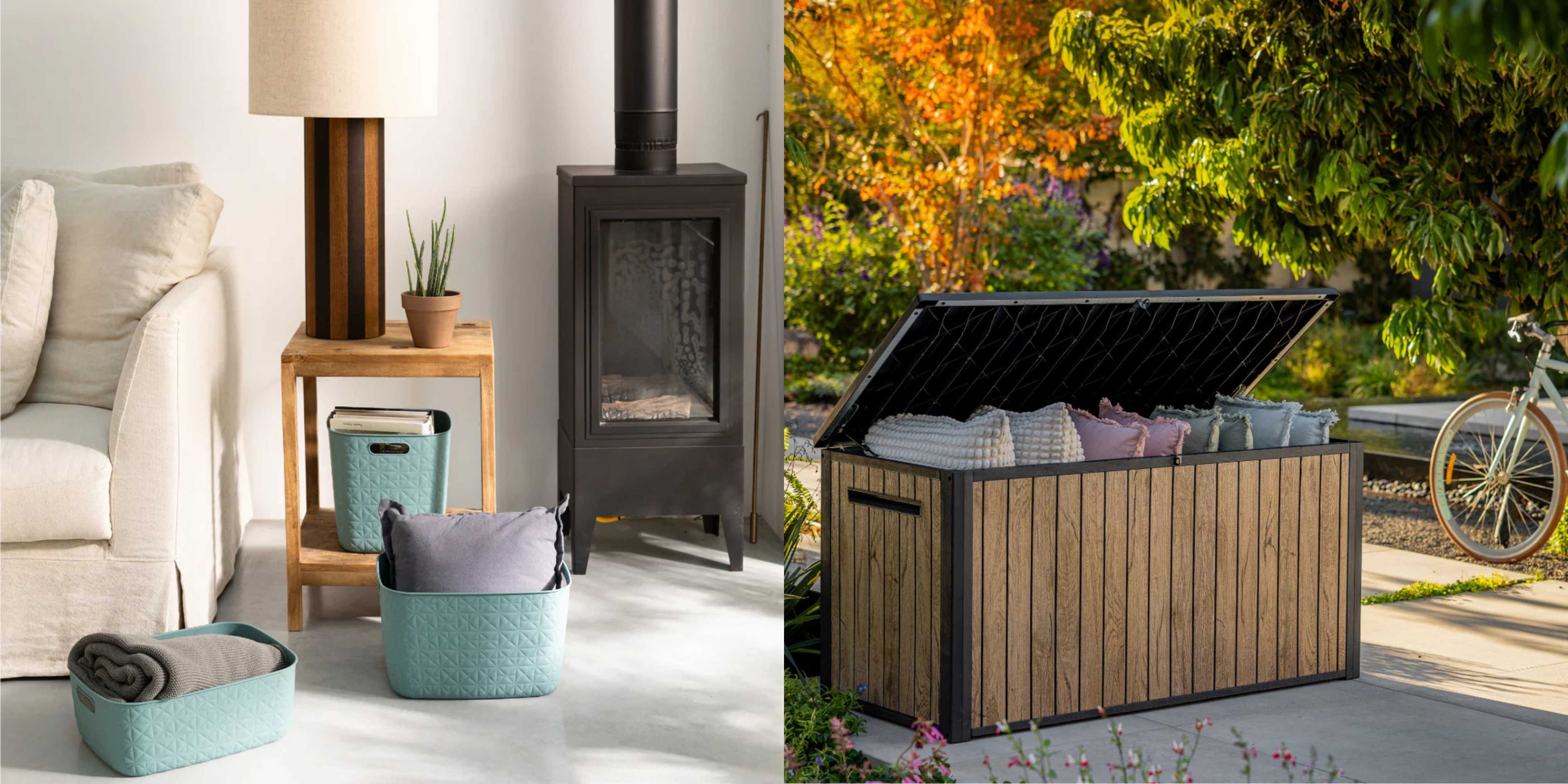 Sustainable storage solutions for eco-friendly home organisation using indoor baskets and an outdoor deck storage box