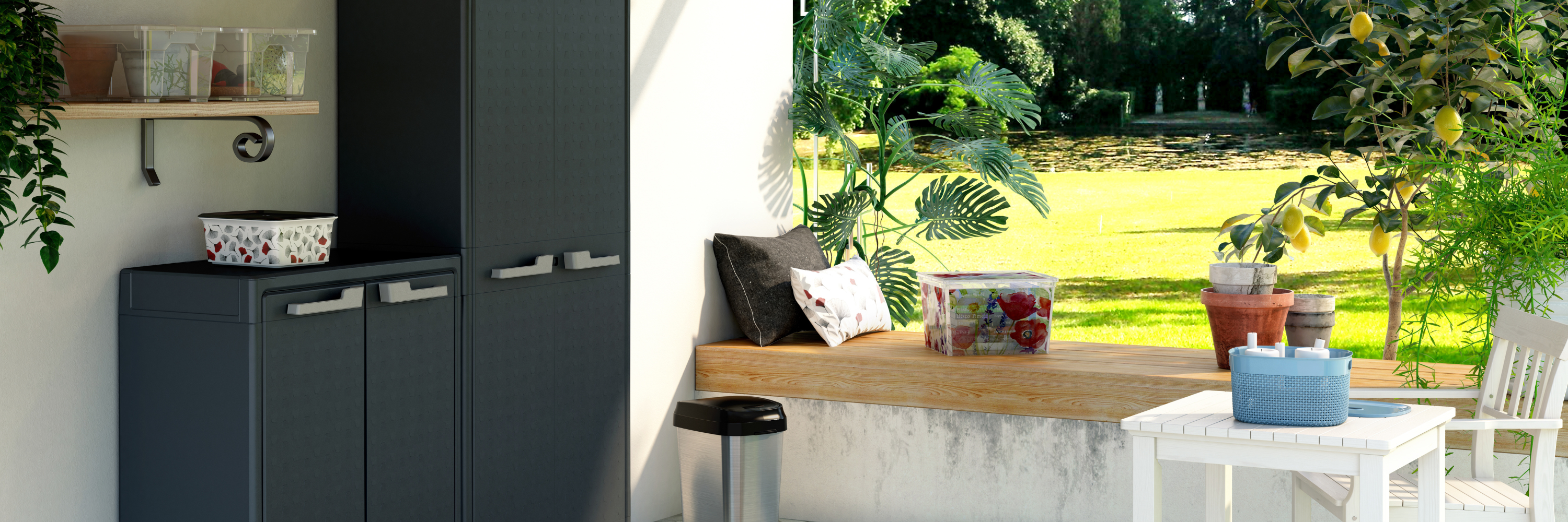 Outdoor cabinet storage unit on patio with seating area