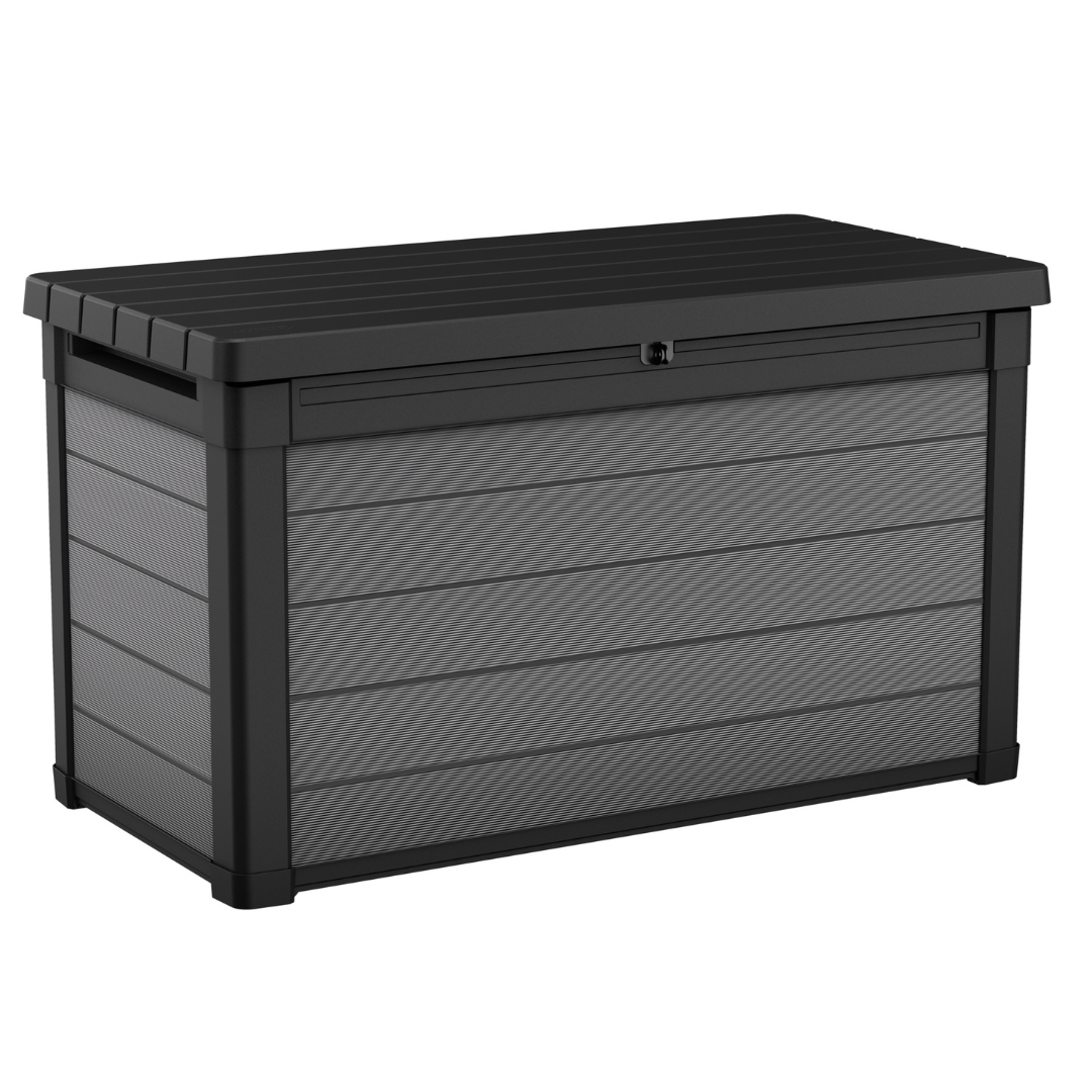 Premier 380L Storage Box in dark grey with a closed slatted lid textured panels and a front locking point for outdoor storage
