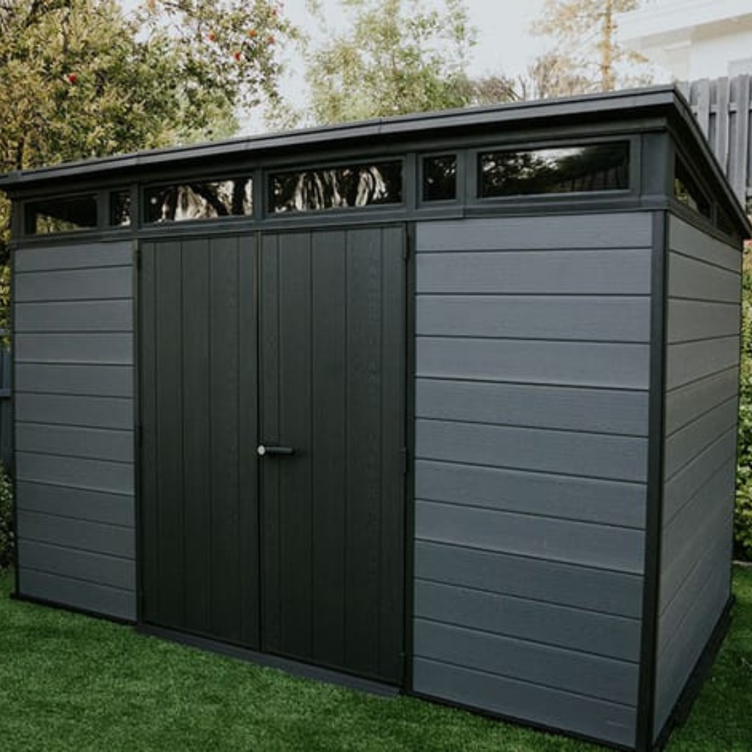 Side view of the Cortina 11x7ft garden shed with durable resin-panel construction