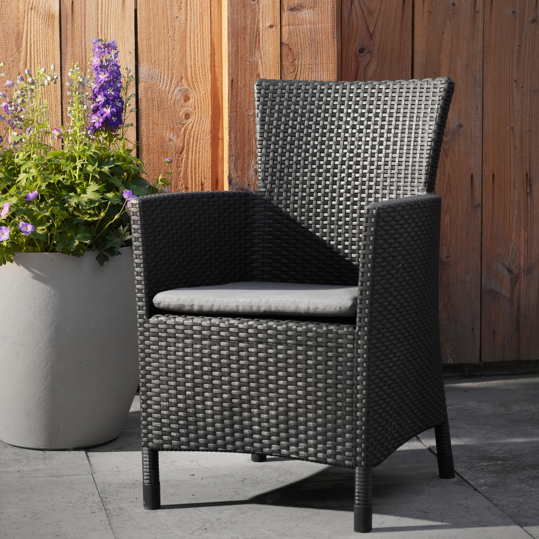 Iowa Balcony Set armchair in dark woven-effect resin with a grey cushion and high supportive back