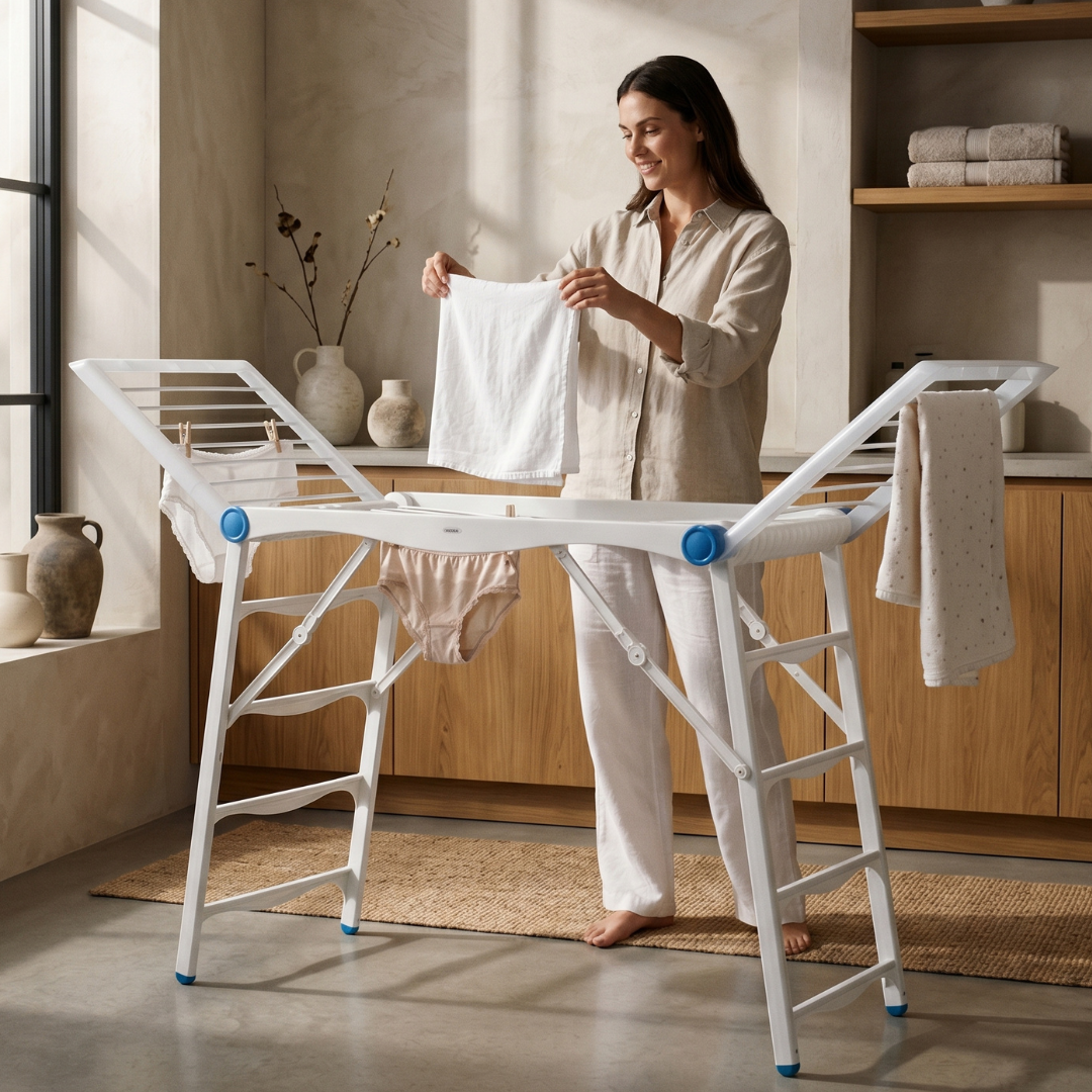 Clothes Drier in white plastic resin with a folding frame and multiple rails holding freshly washed laundry indoors