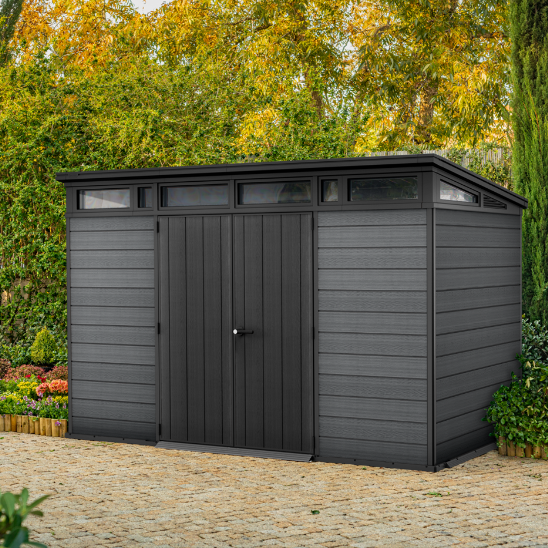 Side angled view of the Cortina garden shed showing modern wood-look resin construction