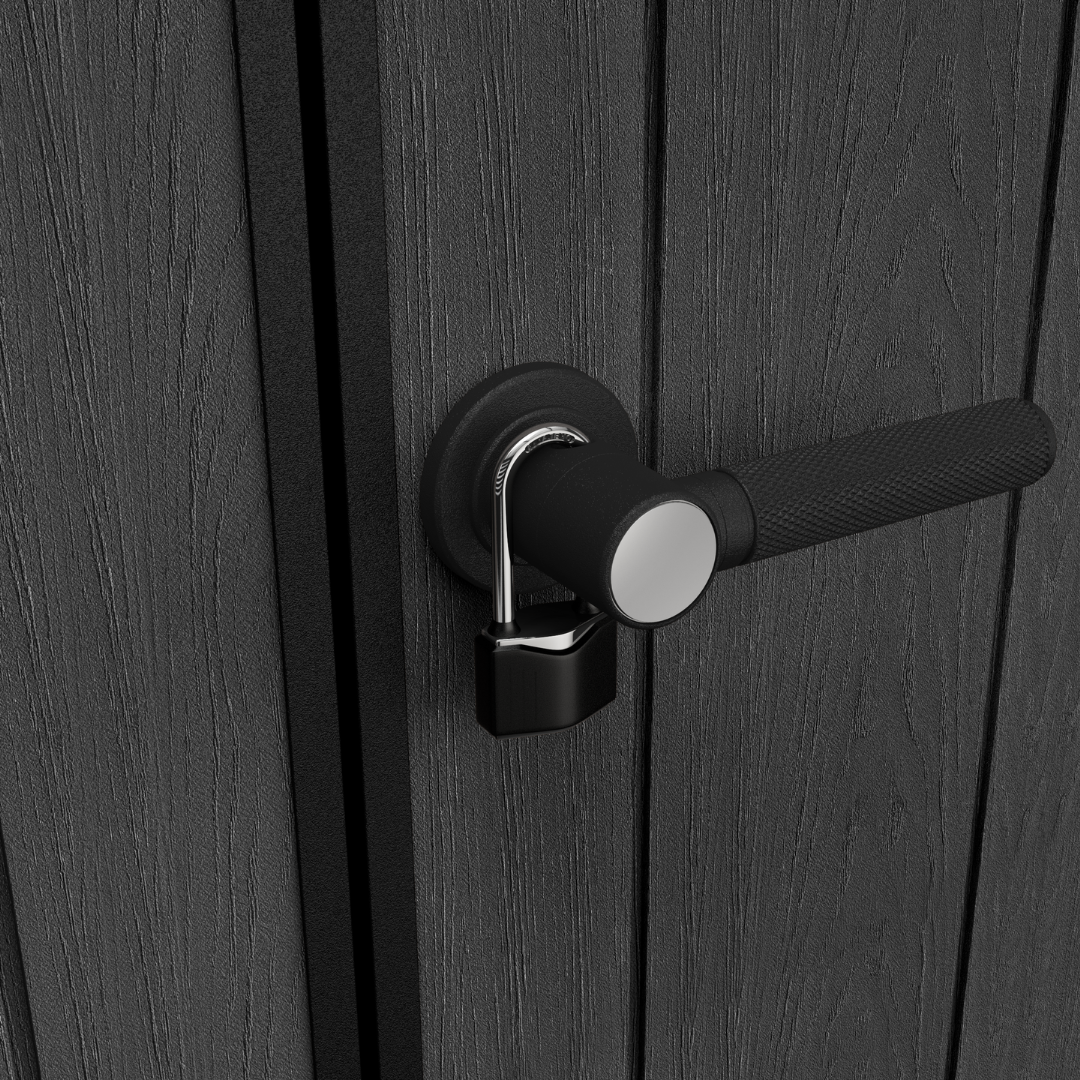 Close-up of the door handle and locking system on the Cortina garden shed