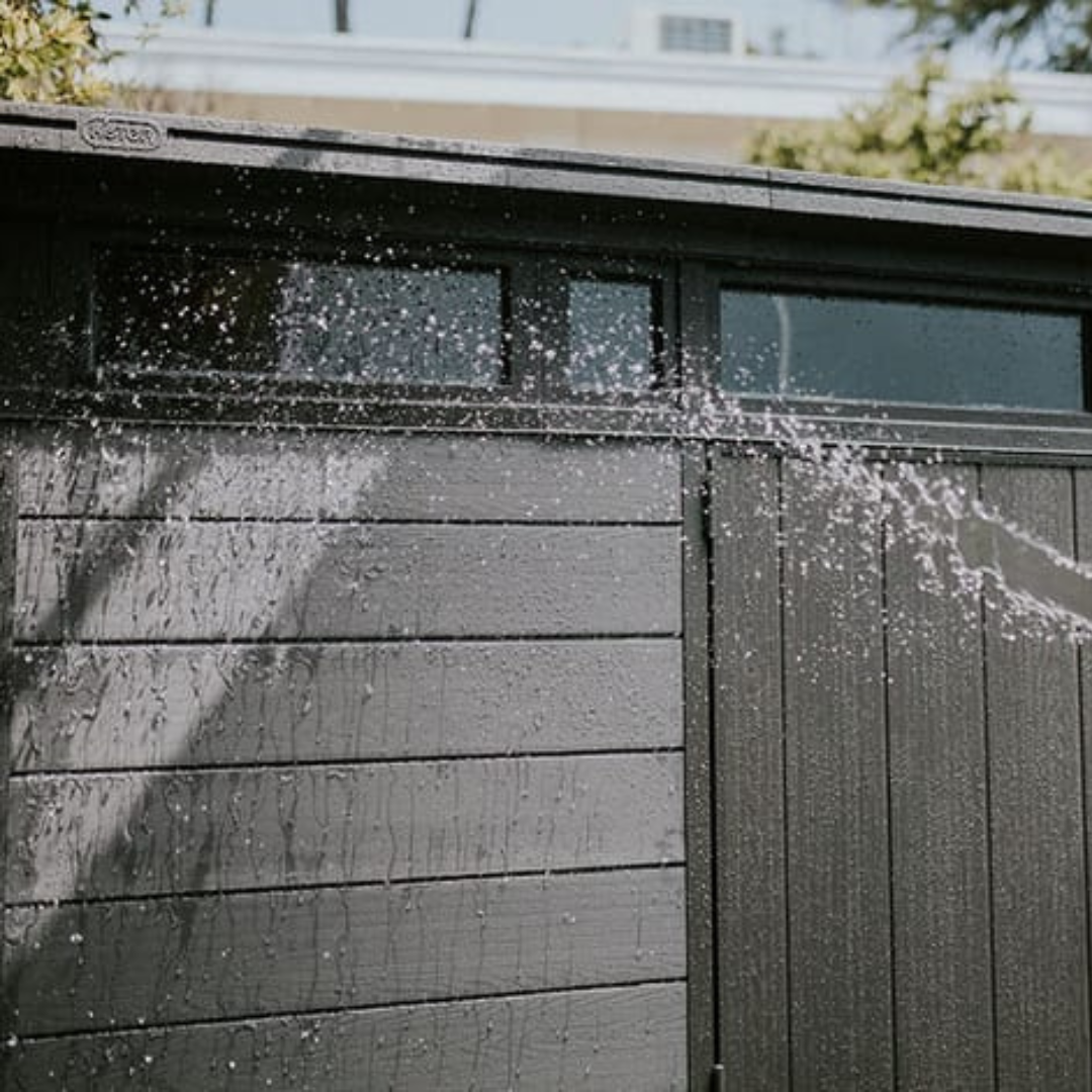 Roof edge detail of the Cortina garden tool shed showing weather-resistant build