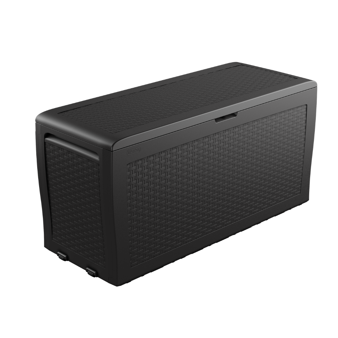 Samoa 270L Storage Box with a dark woven resin finish hinged lid built in handles and rollers