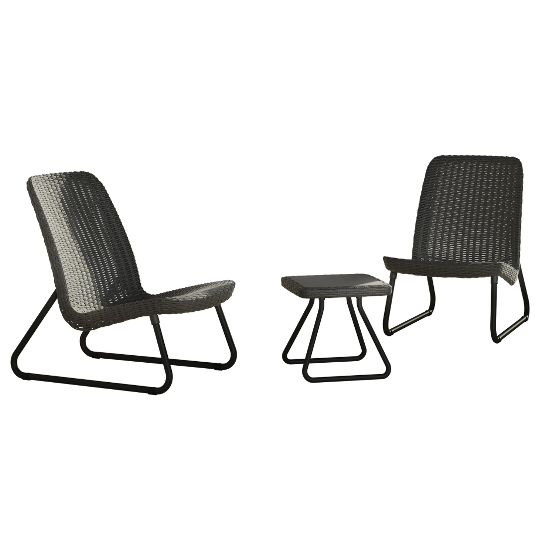 Rio Patio Set in graphite with two wicker-look resin chairs and a matching side table with black legs