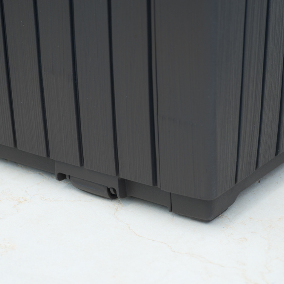 Springwood 305L Storage Box in a dark woodgrain finish with textured panels and a sturdy raised base