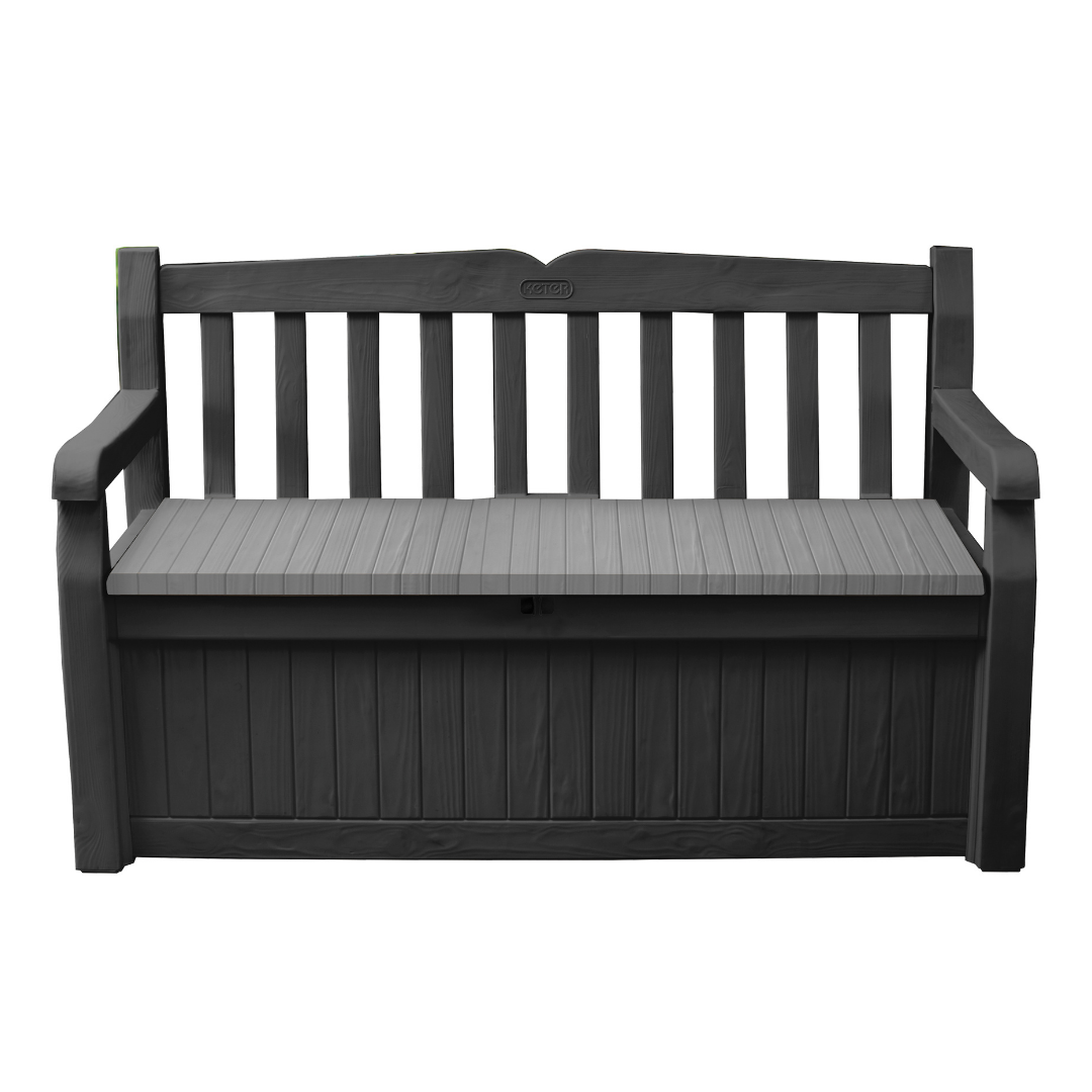 Eden 70G Bench Box Graphite in a dark graphite finish with a slatted backrest armrests and hidden storage beneath the seat