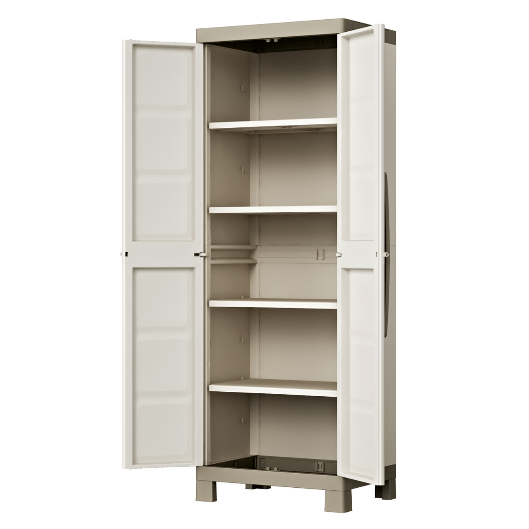Excellence Tall Indoor Cabinet with open double doors four adjustable shelves and raised feet in a light neutral finish
