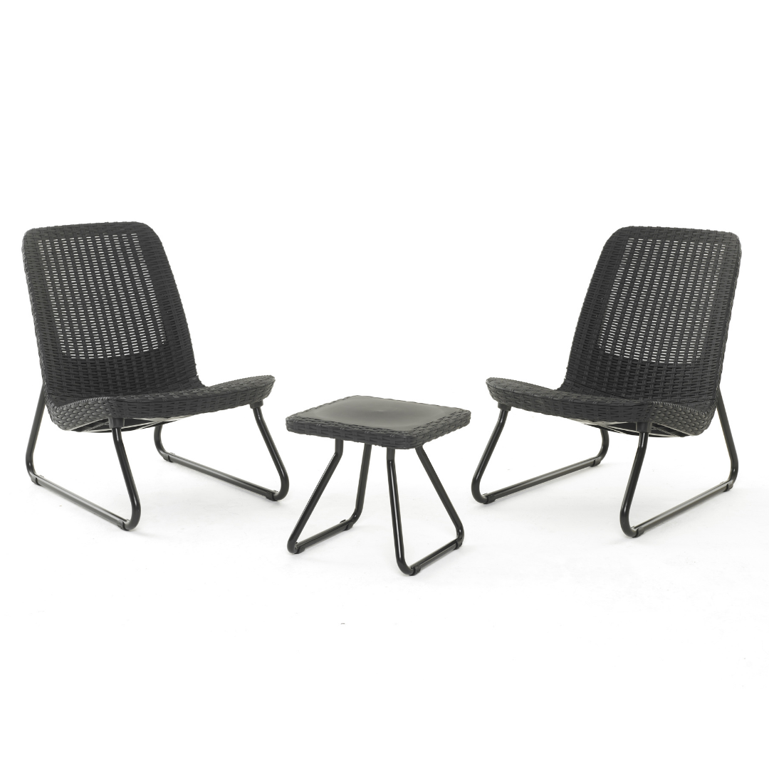 Rio Patio Set in graphite with two wicker-look resin chairs and a matching side table on slim dark legs