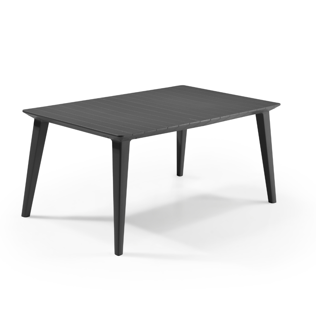 Lima Table in graphite with a slatted wood look surface and tapered legs