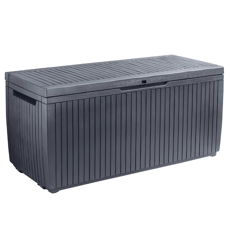 Springwood 305L Storage Box in dark grey plastic resin with a closed slatted lid and integrated front handle recess