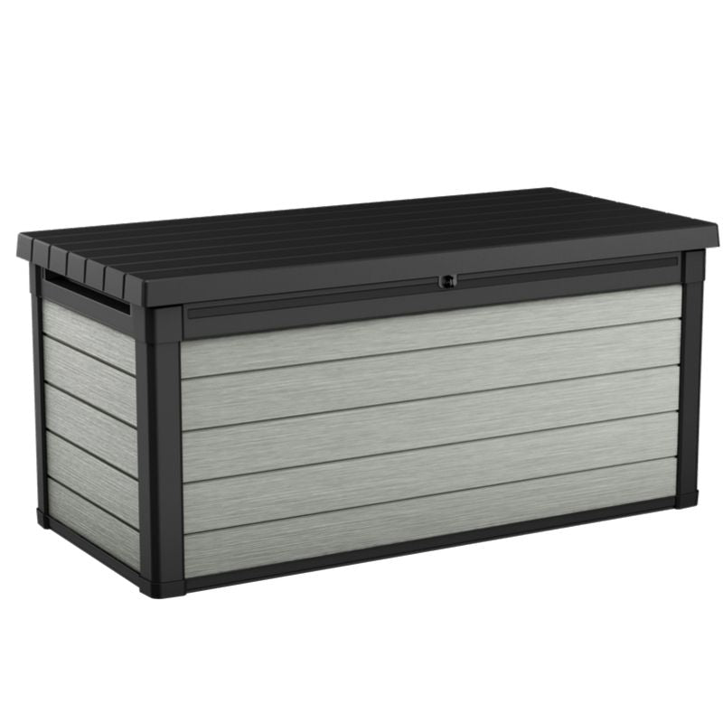 Denali 570L Storage Box in grey DUOTECH material with a black frame and ribbed hinged lid for outdoor storage