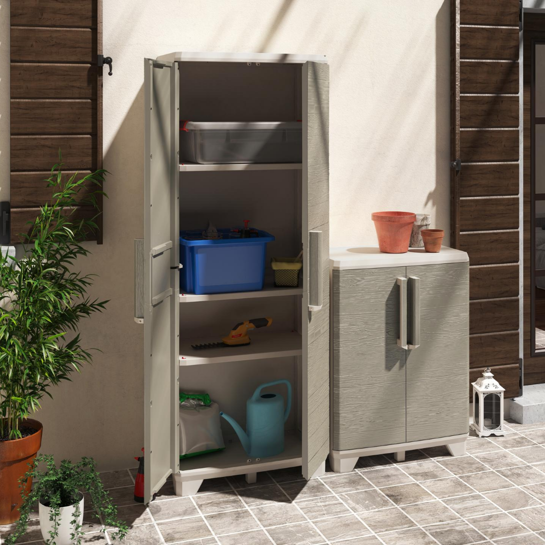 Woodgrain Base Outdoor Cabinet with open double doors and multiple shelves holding garden tools and watering cans