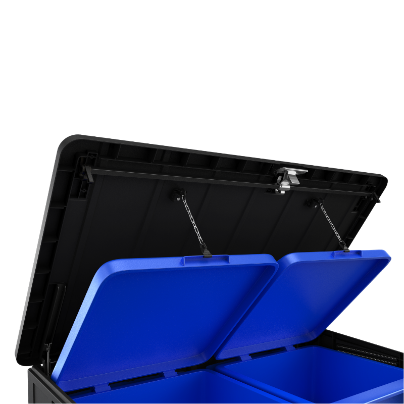 Elite Store with an open black lid and twin blue hinged compartment covers inside a rugged outdoor storage unit