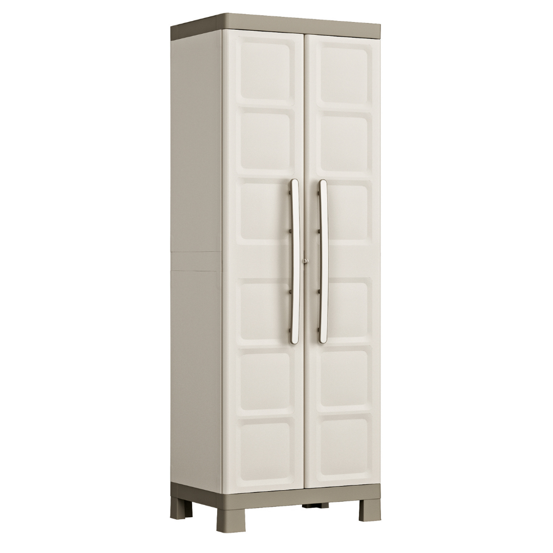 Excellence Tall Indoor Cabinet in a light neutral finish with double doors long vertical handles and raised feet