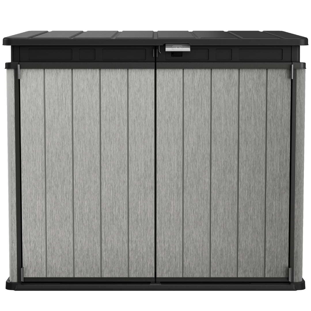 Elite Store grey outdoor storage unit with ribbed walls double doors black roof and a secure central latch
