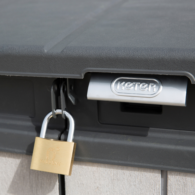 Elite Store close up showing a Keter branded locking handle secured with a padlock