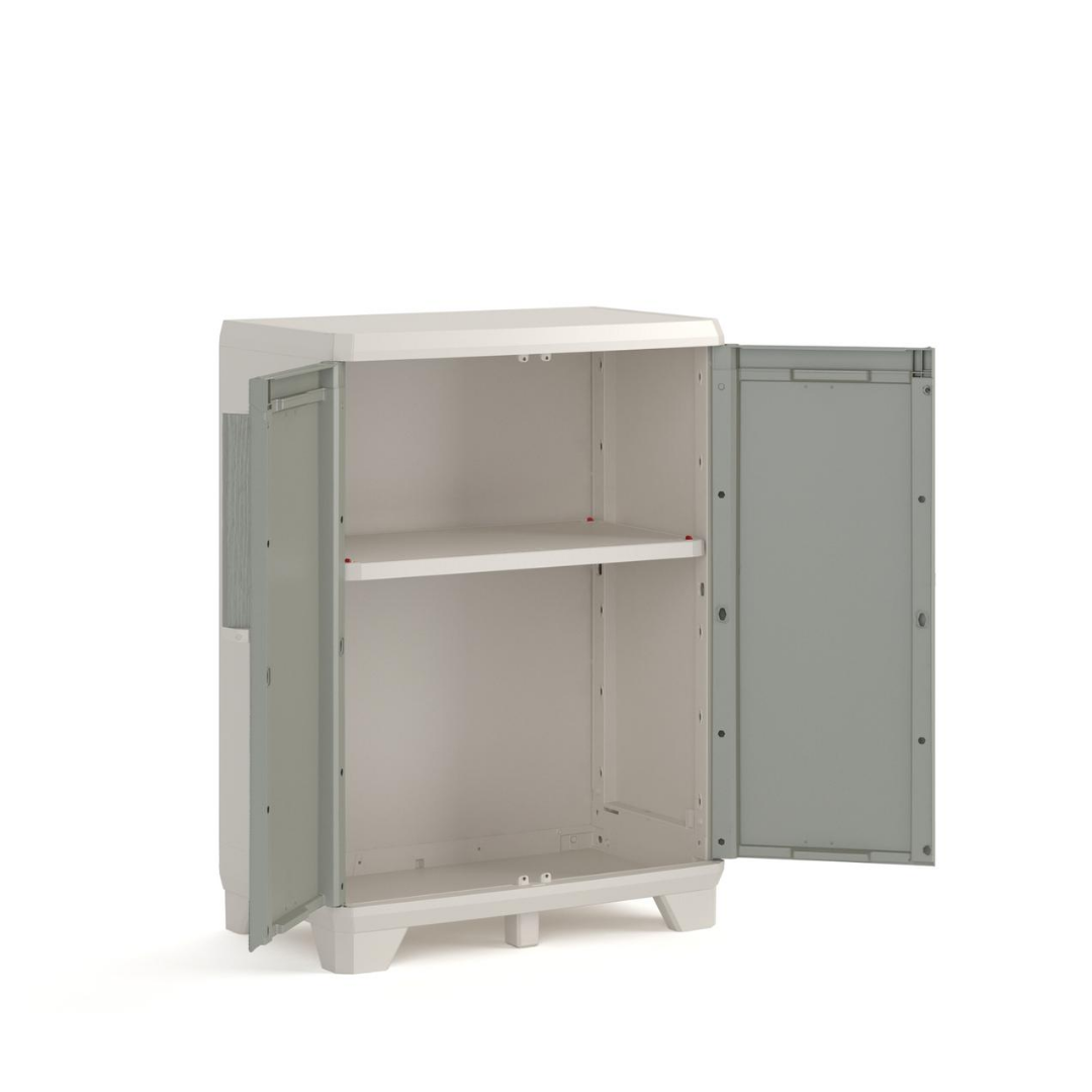 Woodgrain Base Outdoor Cabinet with open double doors a central shelf and raised feet in a light neutral finish