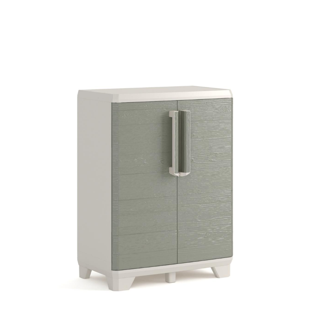 Woodgrain Base Outdoor Cabinet in grey with a woodgrain finish double doors vertical handles and raised feet