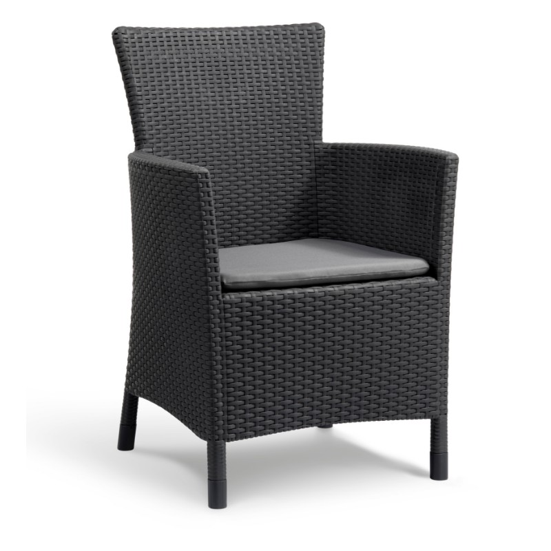 Iowa Balcony Set dark flat-wicker resin armchair with a high back wide arms grey seat cushion and raised legs