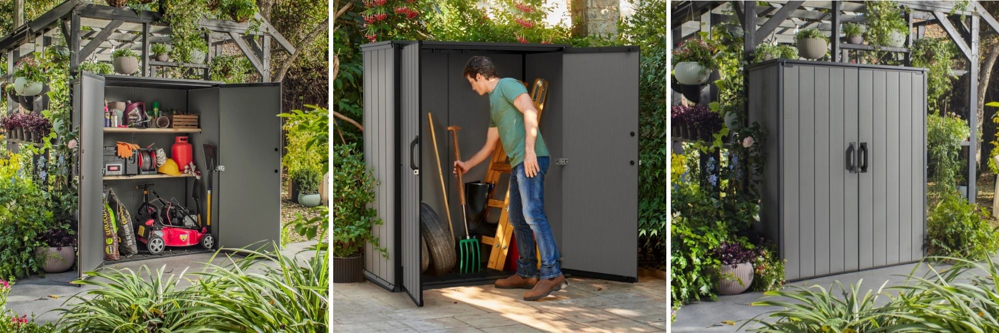 Vertical storage shed with double doors open, showing garden tools and outdoor equipment stored inside.