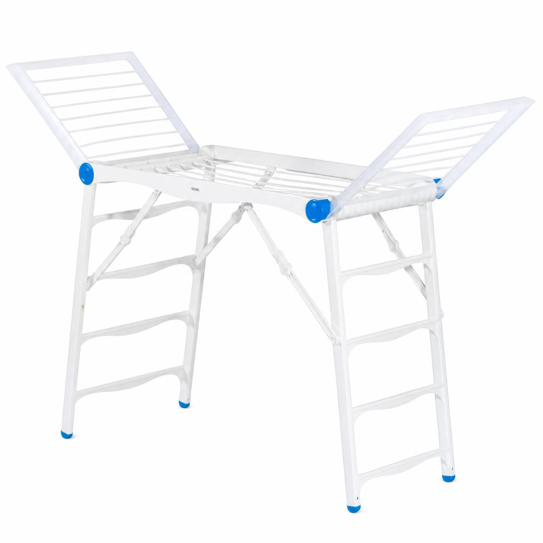 Clothes Drier in white resin with blue accents featuring folding legs and raised slatted drying racks