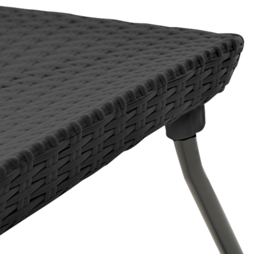 Rio Patio Set in graphite with a durable wicker-look texture and angled table leg detail