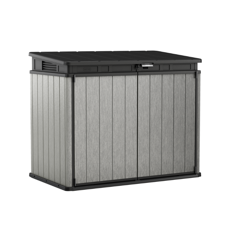 Elite Store grey outdoor storage unit with ribbed resin panels a dark lid and double front doors