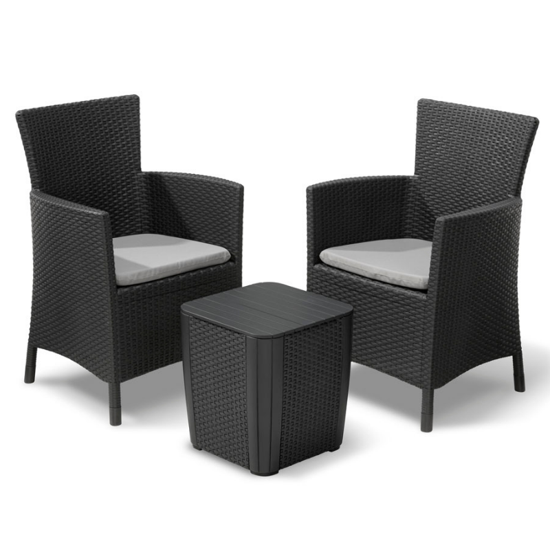 Iowa Balcony Set with two dark flat-wicker armchairs light grey cushions and a matching storage side table