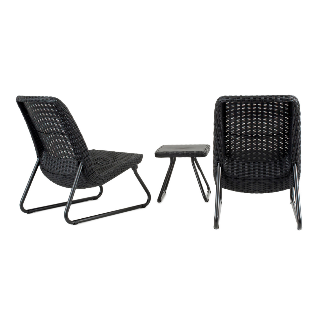 Rio Patio Set in graphite with two wicker-look resin chairs and a matching side table