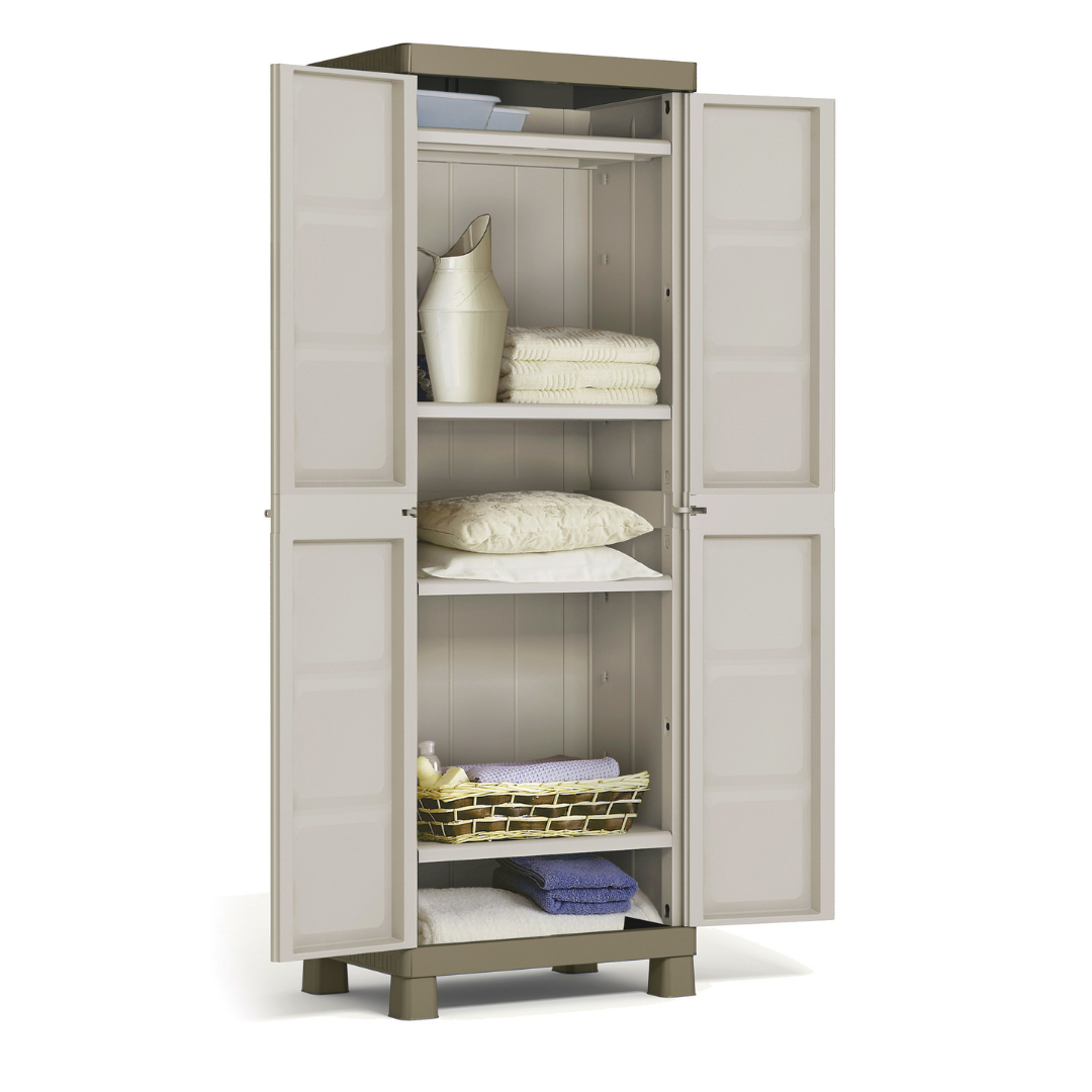 Excellence Tall Indoor Cabinet in a neutral finish with open doors and four shelves holding folded towels cushions and laundry用品