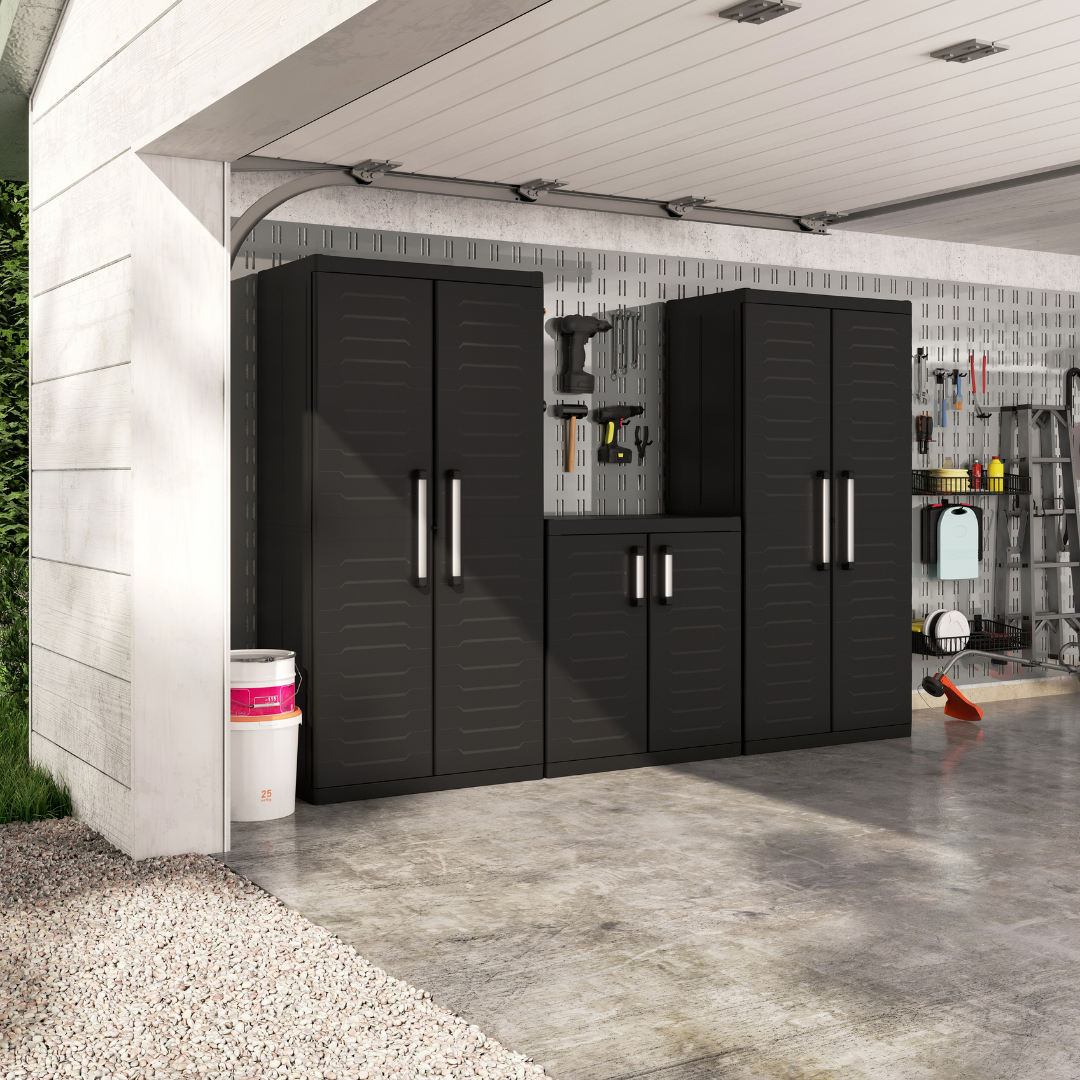 Keter multipurpose cabinet used in a garage storage setup with matching cabinets and wall organisation
