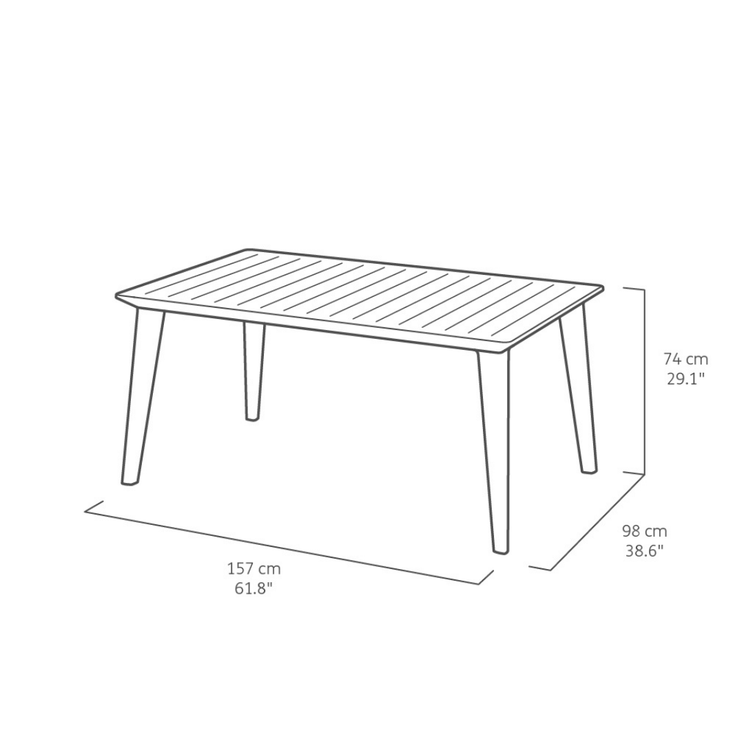 Lima Table Graphite showing a slatted wood-look top and four angled legs in a technical line drawing