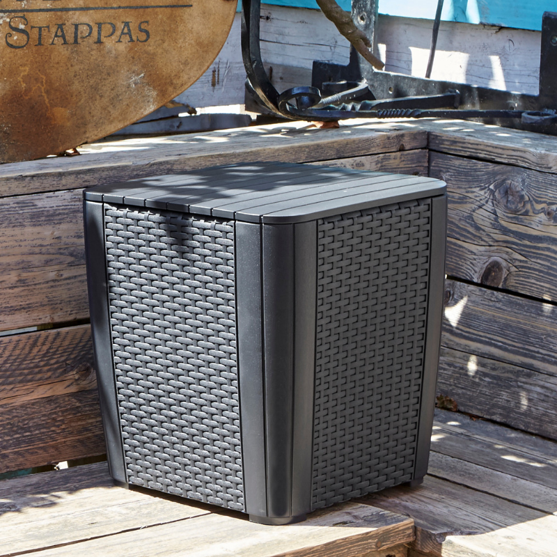 Iowa Balcony Set dark flat-wicker storage side table with a slatted top and durable plastic resin construction