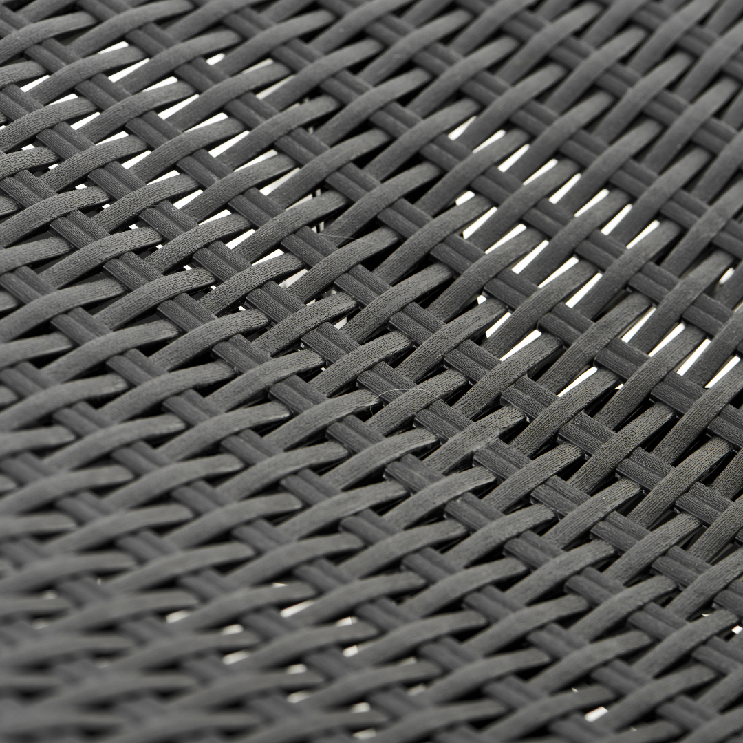 Rio Patio Set in graphite with a close-up of its durable wicker-look plastic resin texture