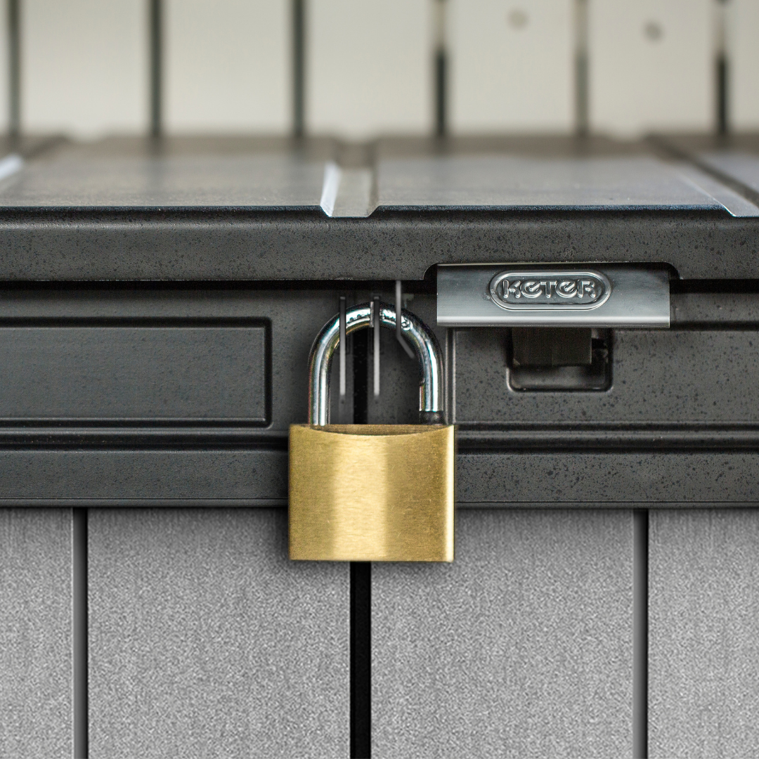 Elite Store outdoor storage unit in grey rib-reinforced resin with a secure Keter latch and brass padlock