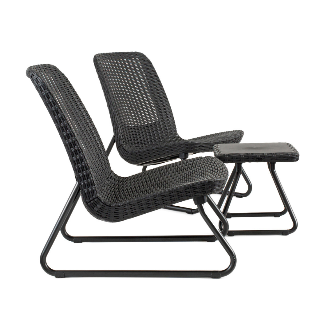 Rio Patio Set in graphite with two wicker look chairs and a matching side table on a white background